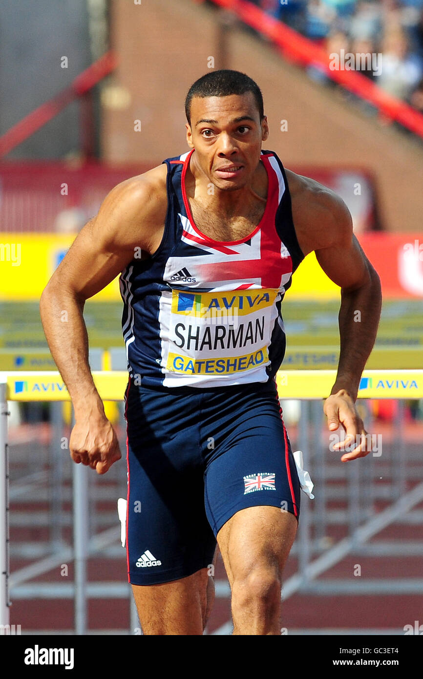 Athlétisme - Aviva British Grand Prix - Gateshead Stadium.William Sharman en Grande-Bretagne pendant les 110 mètres haies des hommes Banque D'Images