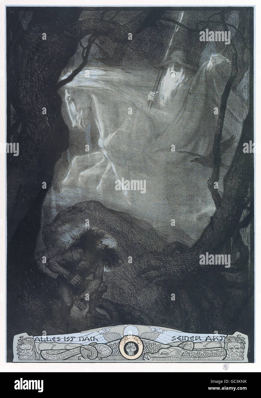 Franz Stassen (1869-1949) illustration pour "Der Ring des Nibelungen (Siegfried)" (l'Anneau du Nibelung : Partie 3 : Siegfried) de Richard Wagner (1813-1883). Le Wanderer (Wotan) arrive à l'entrée de la grotte de Fafner Alberich, où est la vigile. Voir la description pour plus d'informations. Banque D'Images