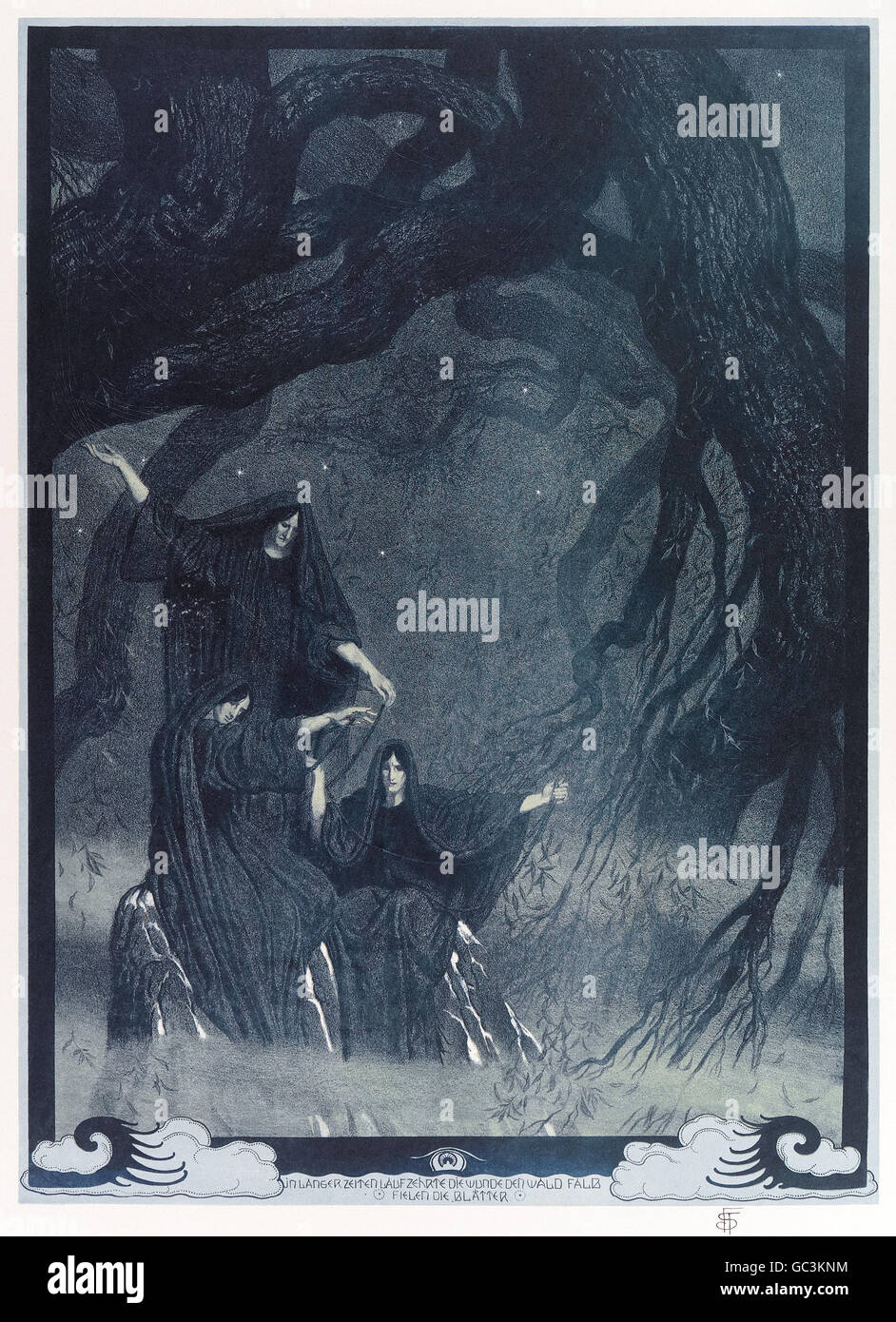 Franz Stassen (1869-1949) illustration pour "Der Ring des Nibelungen (Götterdämmerung)" (l'Anneau du Nibelung : Partie 4 : Le Crépuscule des dieux) de Richard Wagner (1813-1883 les trois Nornes tourner les filets du sort au pied d'Yggdrasil, l'arbre du monde. Voir la description pour plus d'informations. Banque D'Images