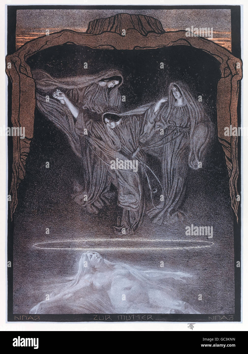 Franz Stassen (1869-1949) illustration pour "Der Ring des Nibelungen (Götterdämmerung)" (l'Anneau du Nibelung : Partie 4 : Le Crépuscule des dieux) de Richard Wagner (1813-1883). Prologue, les trois Nornes rassembler à côté de Brünnhilde's rock, tissant la corde du destin. Voir la description pour plus d'informations. Banque D'Images
