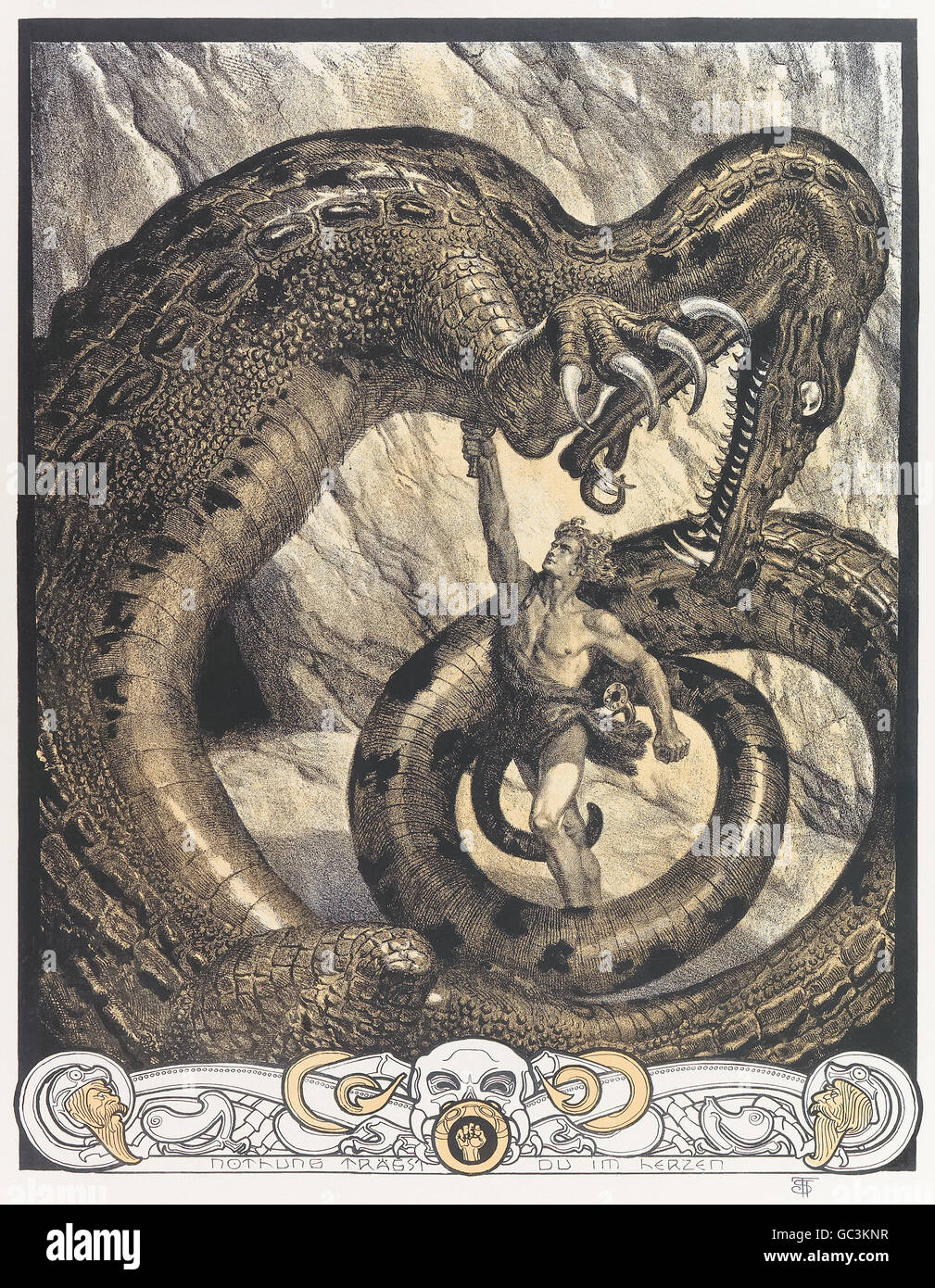 Franz Stassen (1869-1949) illustration pour "Der Ring des Nibelungen (Siegfried)" (l'Anneau du Nibelung : Partie 3 : Siegfried) de Richard Wagner (1813-1883). Le géant Fafner poignarde Siegfried qui a transformé en un dragon à l'épée Nothung. Voir la description pour plus d'informations. Banque D'Images