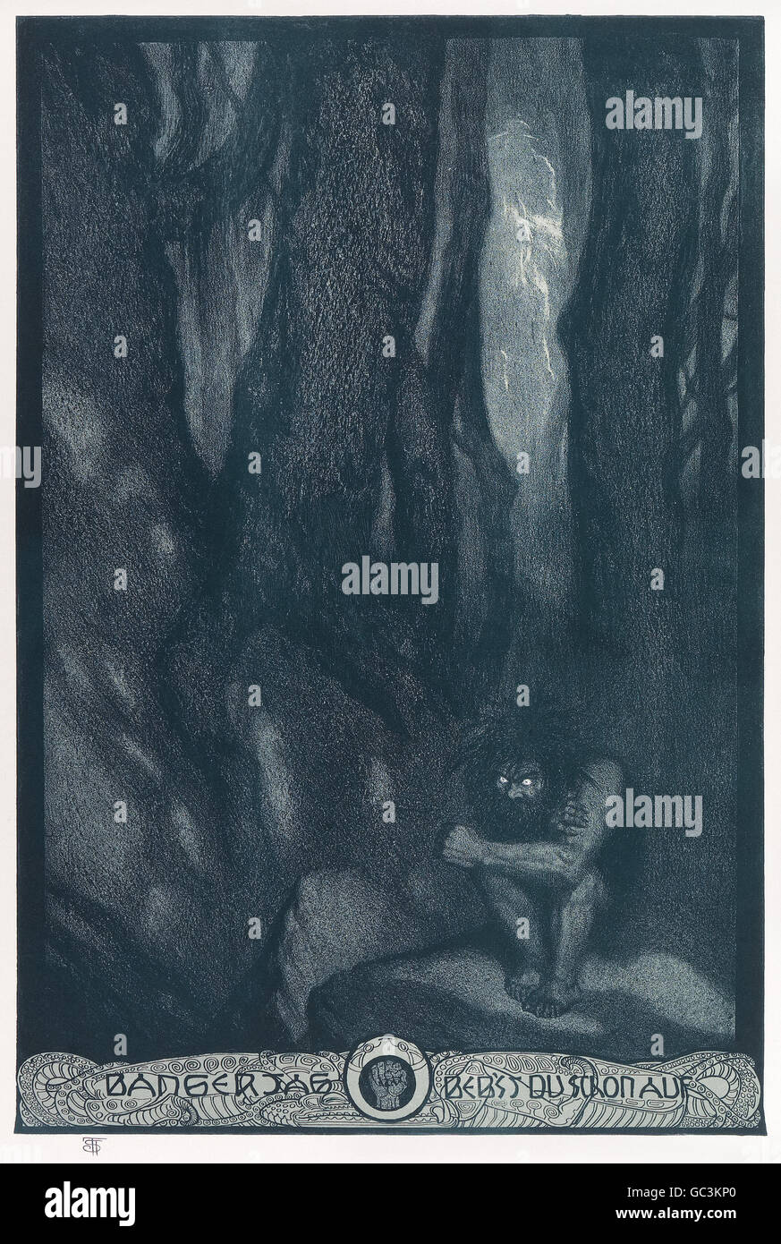 Franz Stassen (1869-1949) illustration pour "Der Ring des Nibelungen (Siegfried)" (l'Anneau du Nibelung : Partie 3 : Siegfried) de Richard Wagner (1813-1883). Alberich veille sur la grotte de Fafner profondément dans la forêt alors que les approches de Wotan. Voir la description pour plus d'informations. Banque D'Images