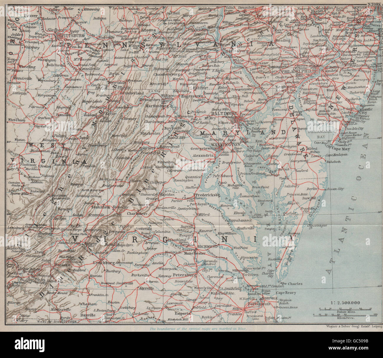 Etats-unis ATLANTIC États-unis carte ferroviaire. Les Appalaches. Baltimore, Philadelphie 1909 Banque D'Images