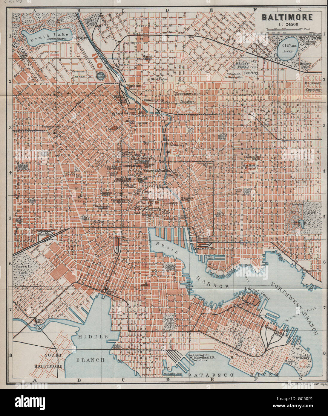 Ville antique de Baltimore city plan. Le Maryland. 1909 BAEDEKER, carte antique Banque D'Images