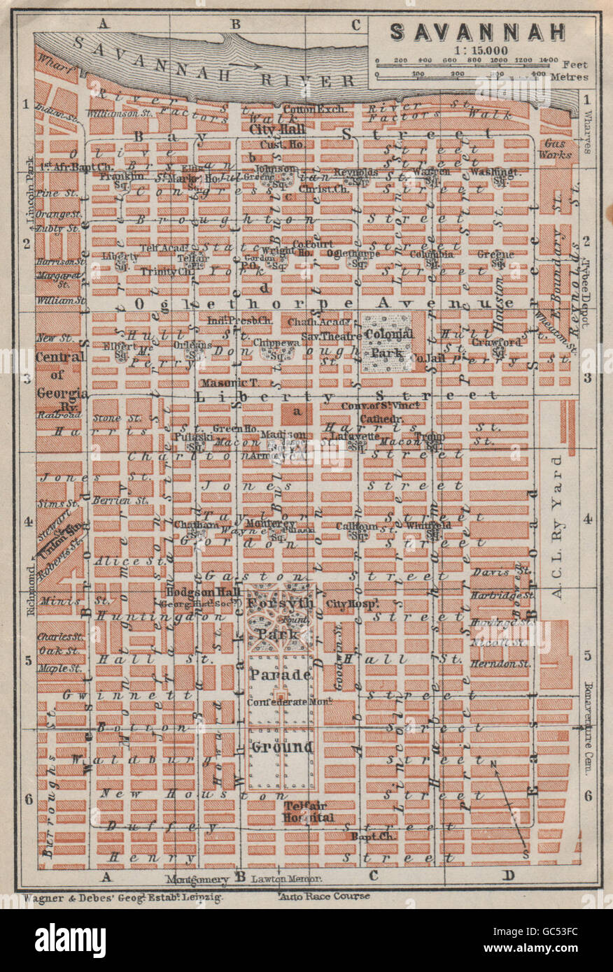 Ville antique de Savannah city plan. La Géorgie, États-Unis. 1909 BAEDEKER, carte antique Banque D'Images