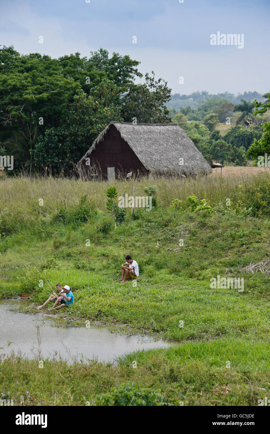 Les garçons la pêche dans étang près de grange au toit de chaume, Pinar del Rio, Cuba Banque D'Images