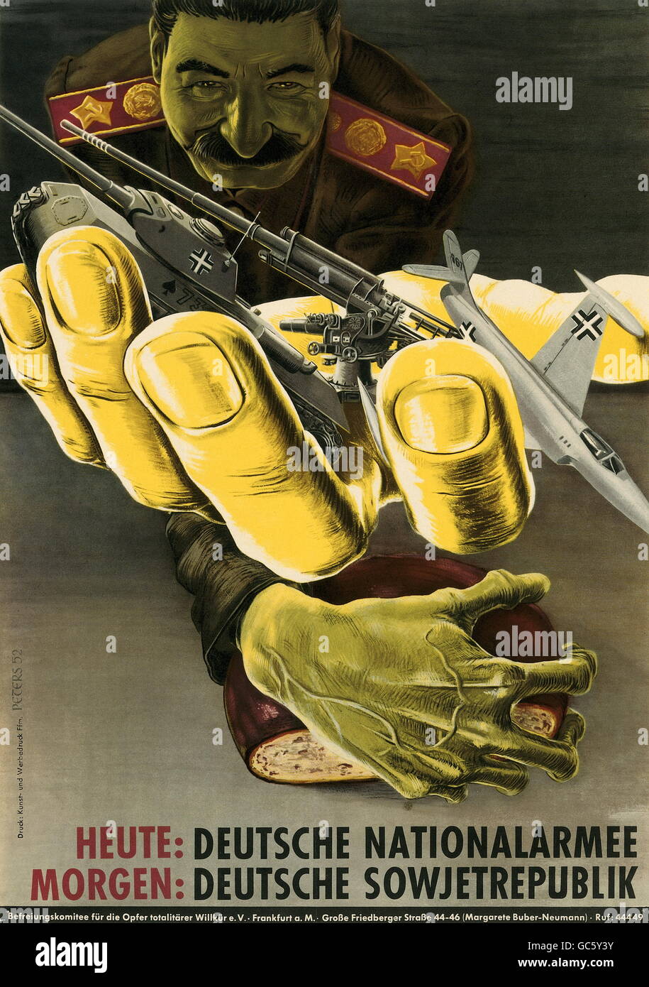 Géographie / Voyage, Allemagne, politique, réarmement, affiche contre, "heute: Deutsche Nationalarmee. Morgen: Deutsche Sowjetrepublik', publié par le comité national de faire des victimes de la force totaly, Francfort-sur-le-main 1952, projet de Peters, Additional-Rights-Clearences-not available Banque D'Images