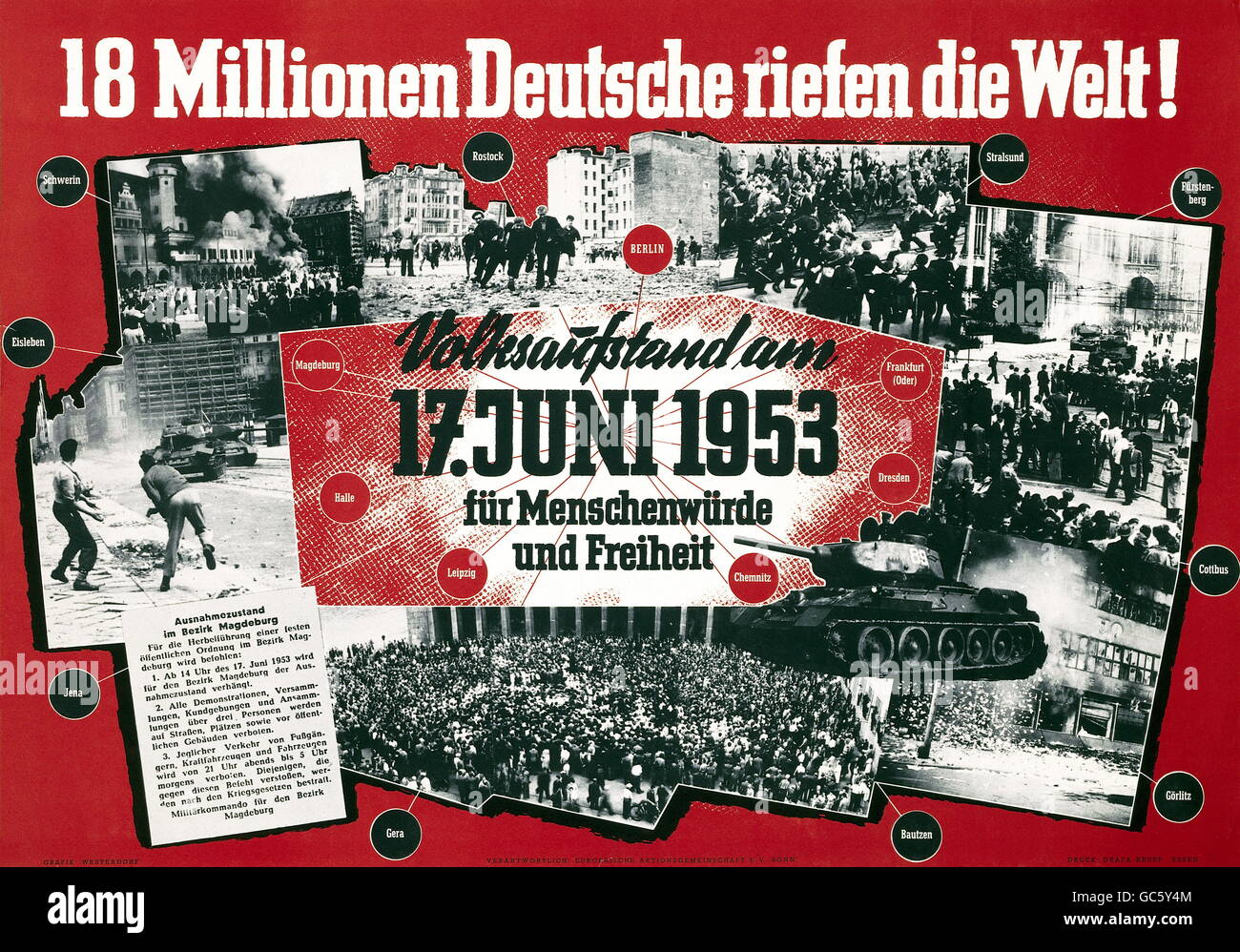 Geographie Voyage Allemagne Berlin Emeute 17 Juin 1953 Affiche De Retrospection 18 Millions De Pleurs Dans Le Monde Campagne Europeenne Projet De Westendorf Imprime Par Grafa Krupp Essen Additional Rights Clearences Not Available Photo