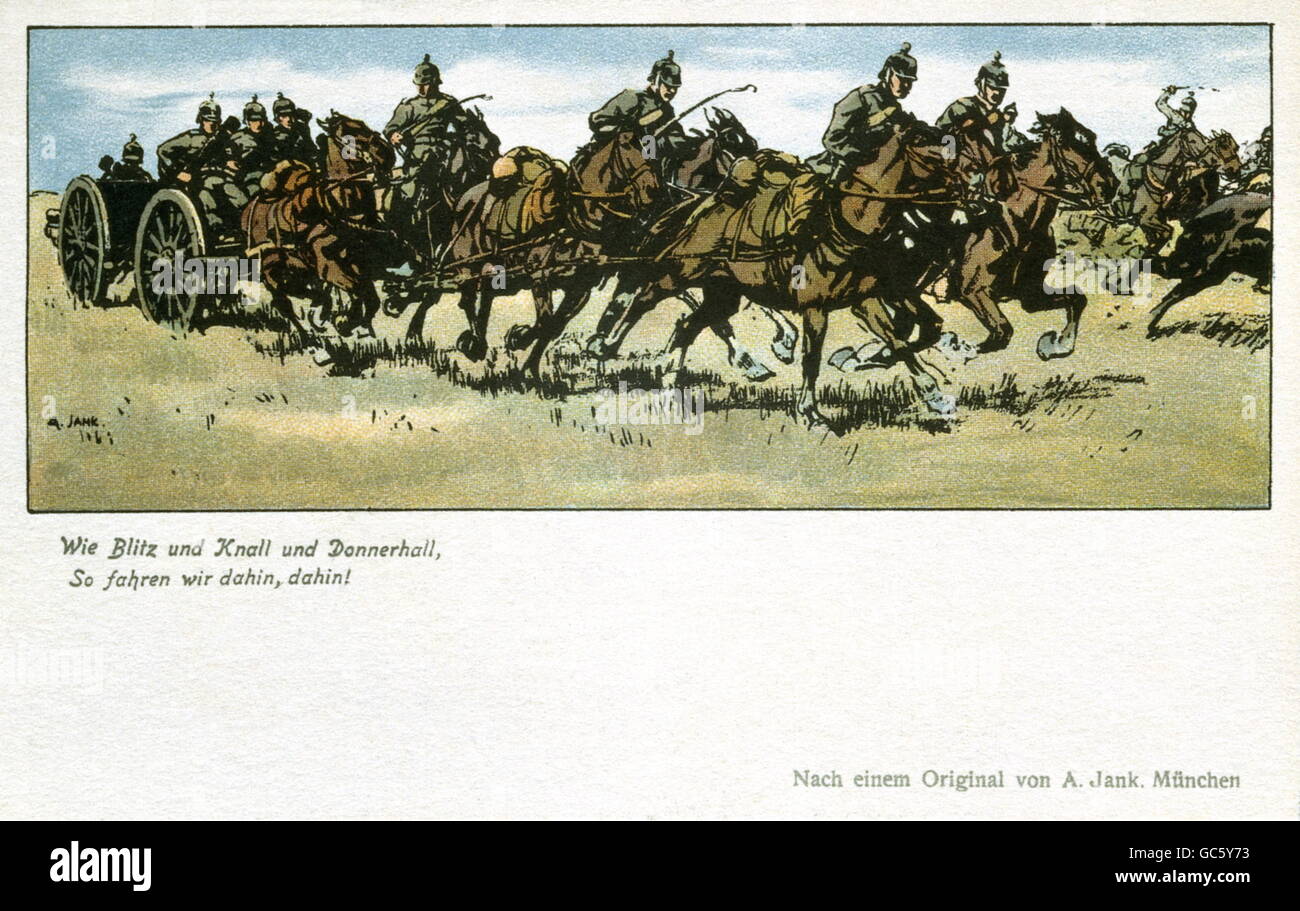 Militaire, Allemagne, artillerie de campagne, canon de campagne tiré par des chevaux, 1914, dessin coloré par Angelo Jank (1868 - 1940), droits additionnels-Clearences-non disponible Banque D'Images