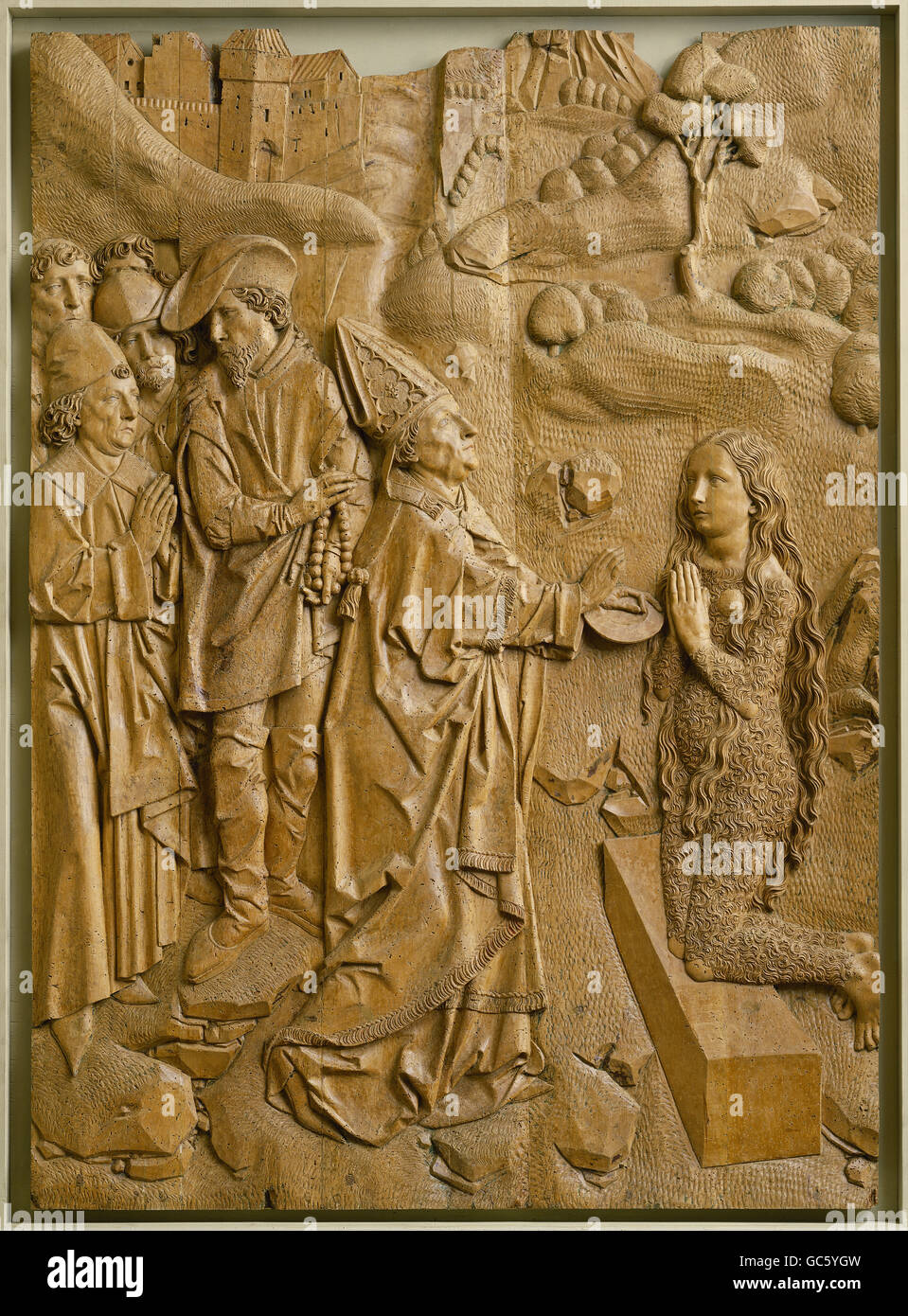 Beaux-arts, Tilman Riemenschneider, (vers 1460 - 1531) : sculpture, Muennerstadt autel, aile droite, dernière communion de Marie Magedalen, sculpture sur bois, 1491 - 1492, Muennerstadt, Allemagne, Banque D'Images