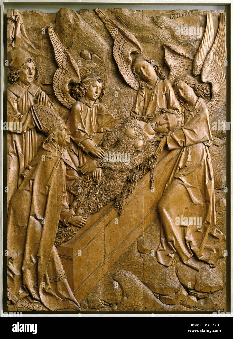Beaux-arts, Tilman Riemenschneider, (vers 1460 - 1531), sculpture, Muennerstadt autel, aile droite, funérailles de Marie Madeleine, la sculpture sur bois, 1491 - 1492, de l'église Sankt Maria Magdalena, Muennerstadt, Allemagne, Banque D'Images