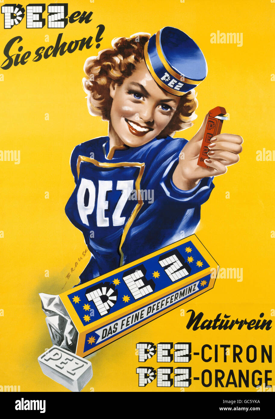 Publicité, confiserie, bonbons, PEZ, affiche « Do You pez déjà? », PEZ citron, PEZ Orange, Munich, années 1950, droits supplémentaires-Clearences-non disponible Banque D'Images