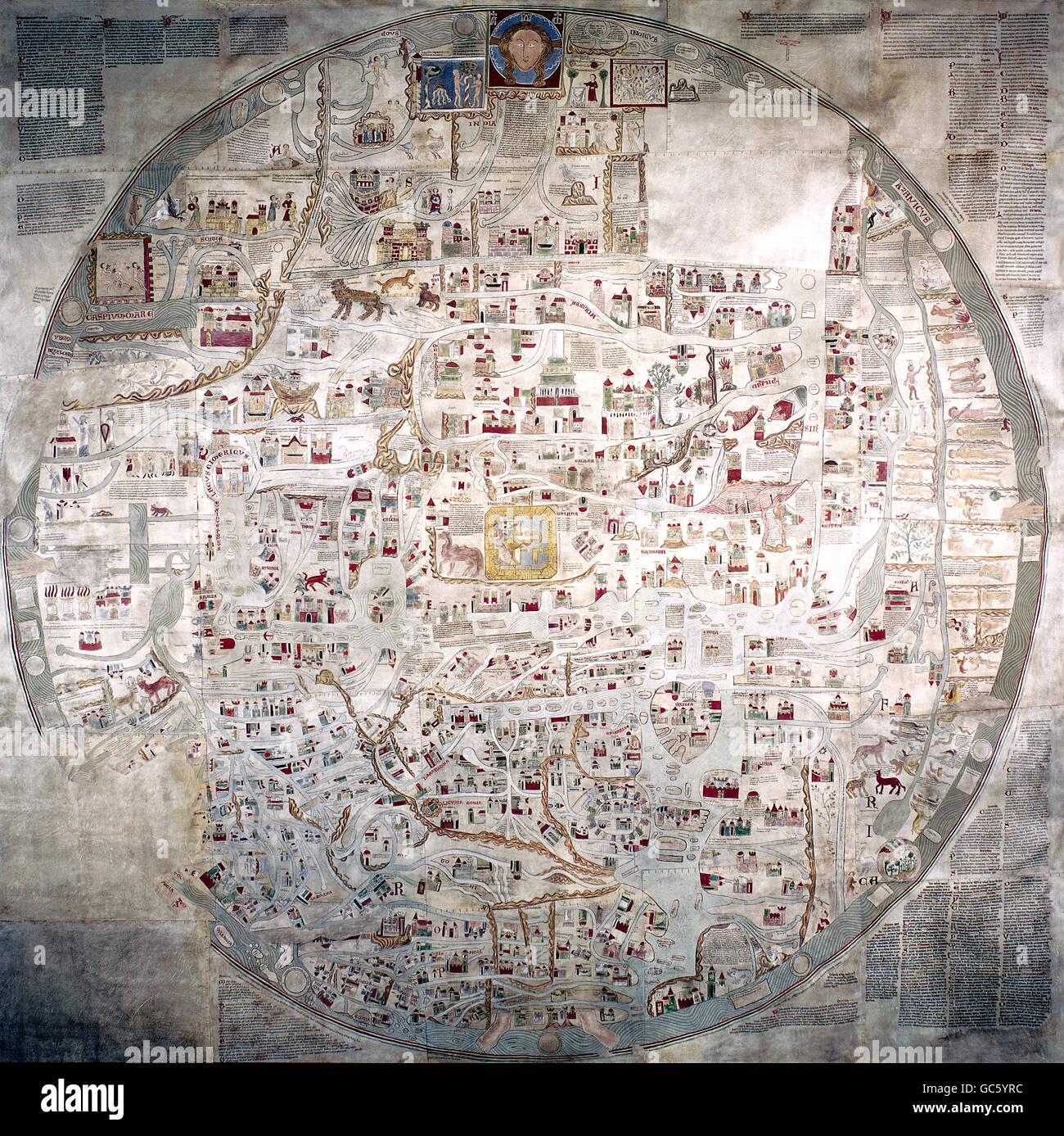 Cartographie, cartes du monde, carte d'Ebstorf, 13ème siècle, copie (original détruit pendant la Seconde Guerre mondiale), historique, historique, Europe, Asie, Afrique, Jérusalem, Moyen âge, médiéval, droits additionnels-Clearences-non disponible Banque D'Images
