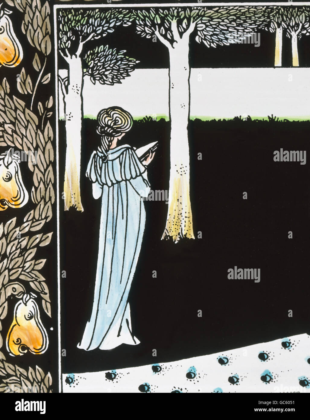 Beaux-arts, Beardsley, Aubrey (1872 - 1898), d'impression, la lecture de jeune fille dans un jardin, l'illustration pour 'Le morte d'Arthur" par Thomas Malory, London, 1893/1894 Banque D'Images