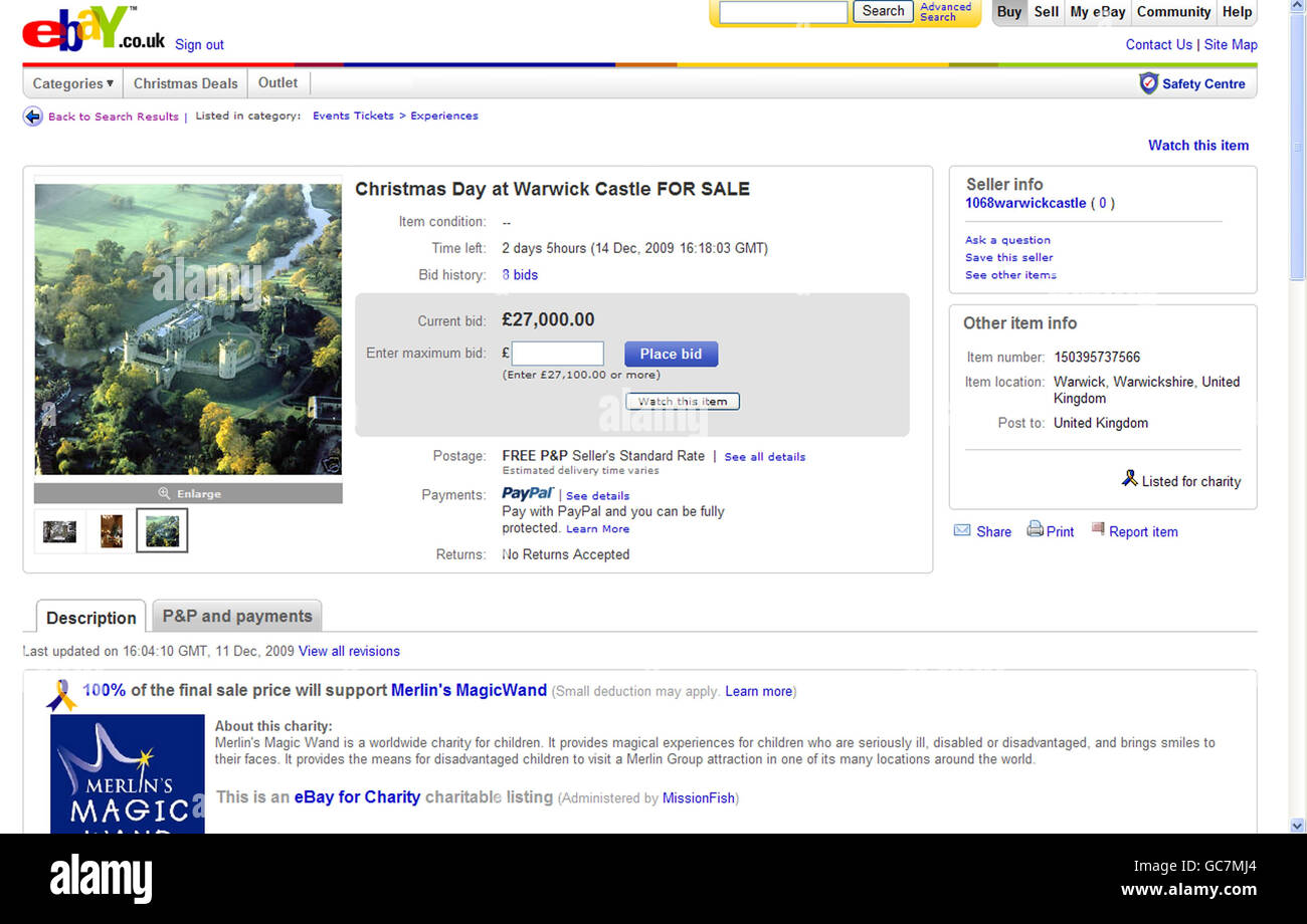 Capture d'écran prise d'eBay des sites de vente aux enchères pour l'utilisation du château de Warwick dans le Warwickshire le jour de Noël. Banque D'Images