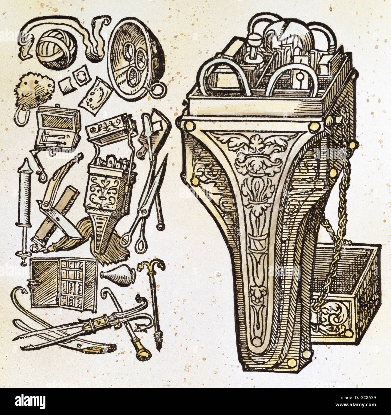 Médecine, instruments, équipement d'un chirurgien dans un étui en cuir, coupe de bois, de couleur, de 'drei Buecher von Wunden und Schaeden' (trois livres sur les blessures et les blessures), par Theophrastus Paracelsus (1493 - 1541), Francfort-sur-le-main, Allemagne, 1562, collection privée, droits additionnels-Clearences-non disponible Banque D'Images