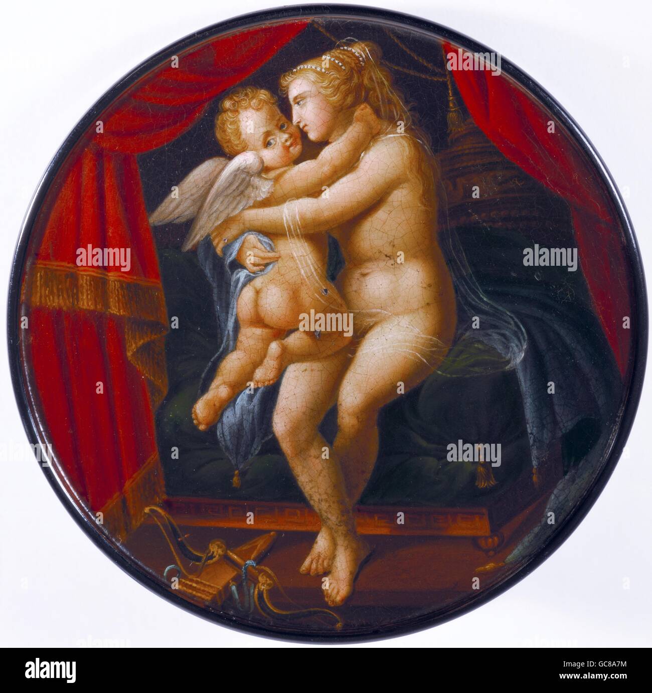 Tabac, boîte à tabac, chapeau, peinture, 'Vénus et Cupid', laquer sur la machine à papier, la fabrication de Stobwasser, Brunswick, vers 1800, Herbig-Haarhaus-Museum, Cologne, , droits additionnels-Clearences-non disponible Banque D'Images