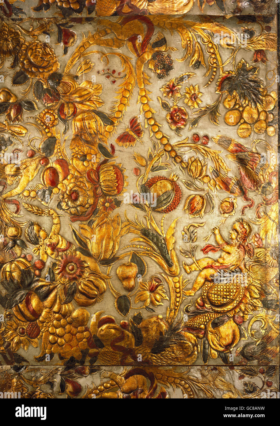 Beaux-arts, papier peint, fleurs, fruits, animaux et putti, cuir, peut-être l'Espagne, vers 1700, l'Allemand Tapetenmuseum, Kassel Banque D'Images