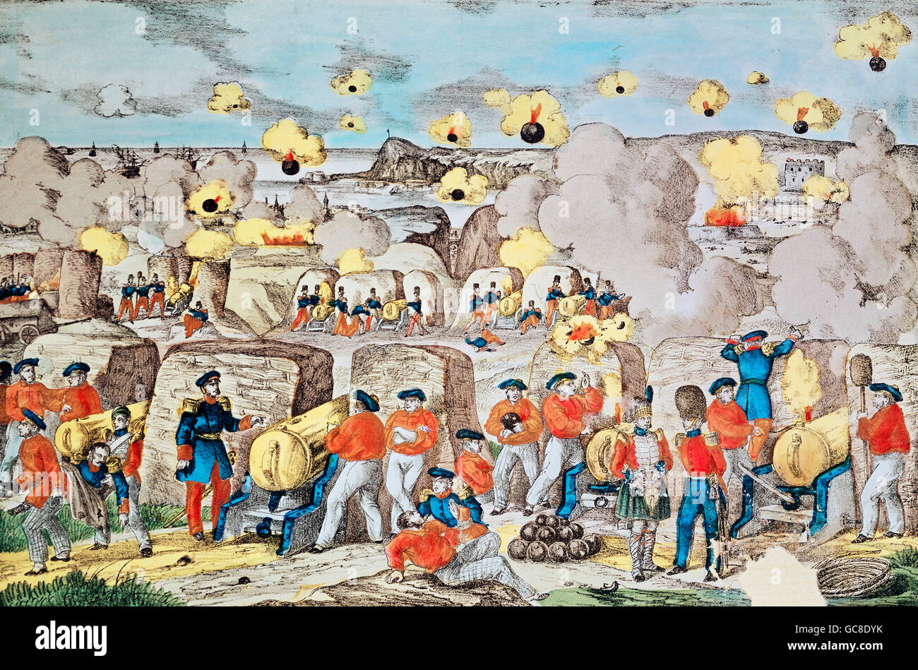 Evénements, Guerre de Crimée, 1853 - 1856, Siège de Sébastopol 9.10.1854 - 8.9.1855, barrage, lithographie, publié par Oehmicke, Neuruppin, 1855, collection privée, Russie, artillerie, britannique, canons, 19e siècle, historique, historique, peuple, droits additionnels-Clearences-non disponible Banque D'Images