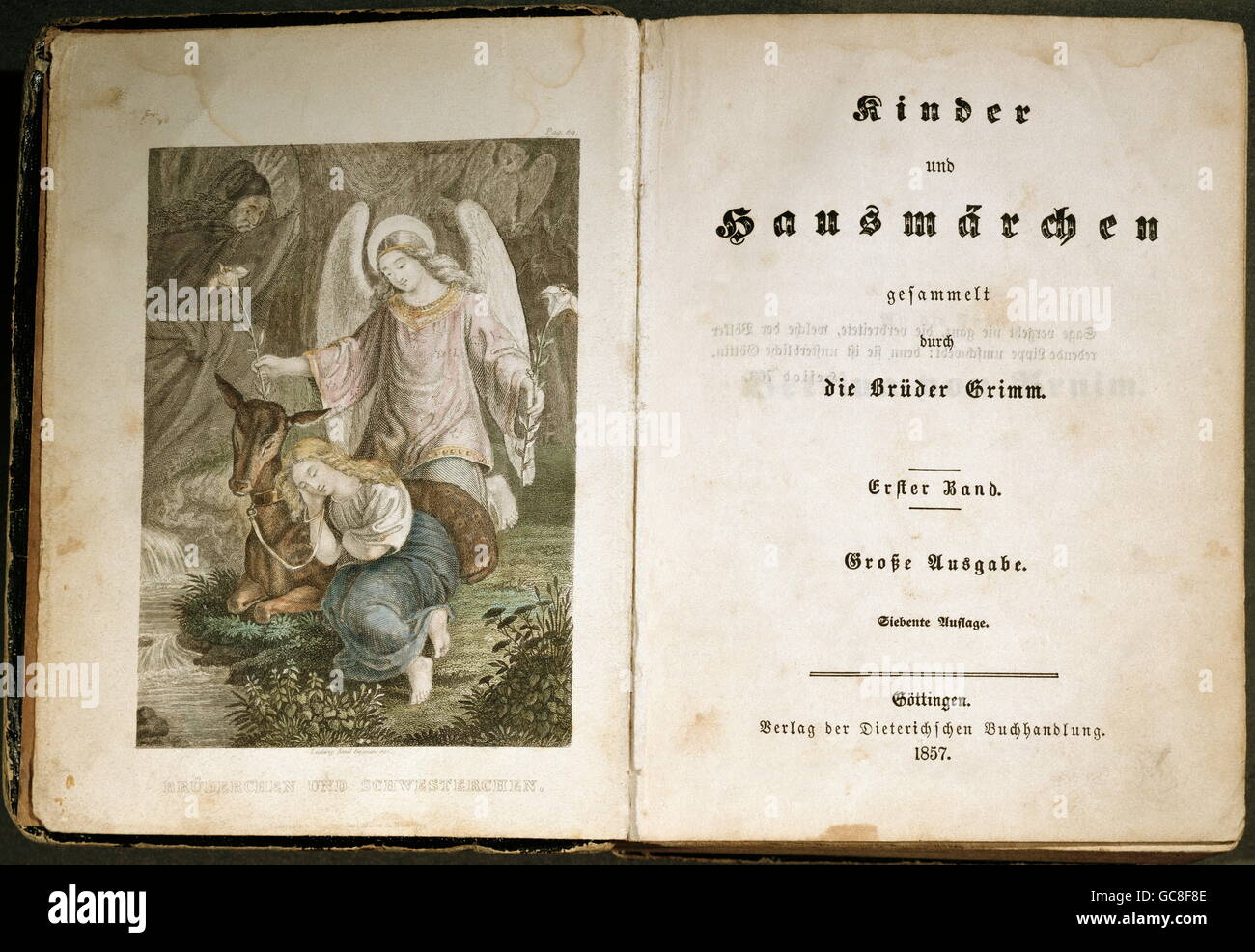 Littérature, contes de fées, Frères Grimm, 'Kinder und Hausmärchen', (Childrens et Contes domestiques), couverture, gravure en acier coulouré 'Brother and Sister', volume 1, 7e édition, 1857, droits additionnels-Clearences-non disponible Banque D'Images
