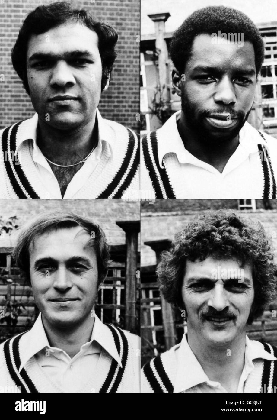 Portraits de cricket - équipe de cricket du comté de Middlesex 1979.Ashok Patel (en haut à gauche), Wilfred Slack (en haut à droite) Phil Edmonds (en bas à gauche) et Alan Jones. Banque D'Images