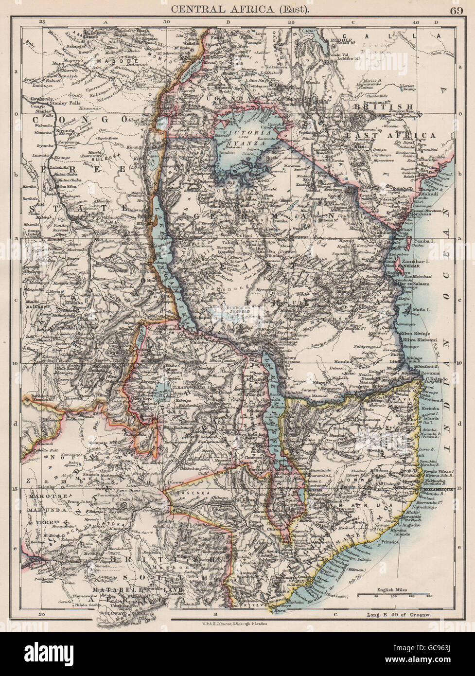 L'Afrique coloniale. Allemand, Anglais et portugais en Afrique de l'Est. La Tanzanie, 1897 map Banque D'Images