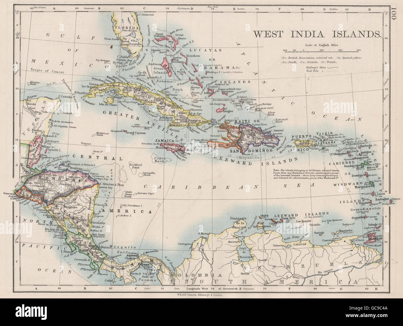 À l'ouest des îles de l'Inde. Caraïbes Lucayas Caribbee Cuba. JOHNSTON, 1897 Ancien site Banque D'Images