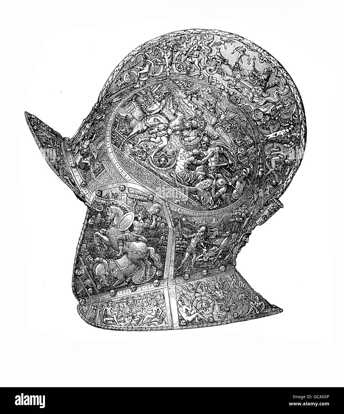 Casque de parade du Saint empereur romain Charles V, l'acier damasquiné à l'or en relief Banque D'Images