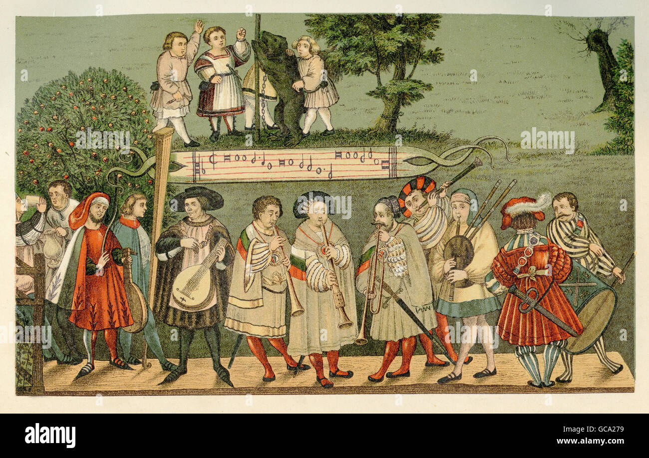 Année 1520, groupe de ménestrels tournée effectuant à Augsburg Banque D'Images