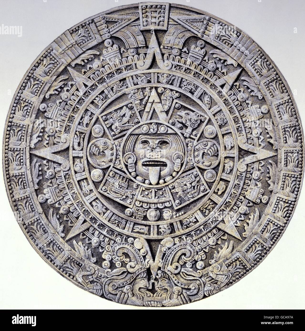 Beaux-arts, la Méso-Amérique, Aztec, sculpture, pierre de soleil, 1497, lithographie, Carlos Nebel 'Voyage pittoresque et archeoloque au Mexique", Paris, 1836, collection privée, , n'a pas d'auteur de l'artiste pour être effacé Banque D'Images