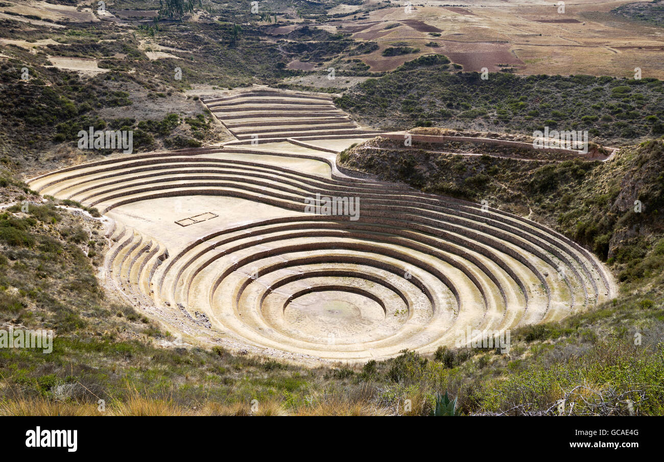 Anciennes terrasses circulaires de Moray. La Station expérimentale de l'Agriculture Inca de Moray, le Pérou. Banque D'Images