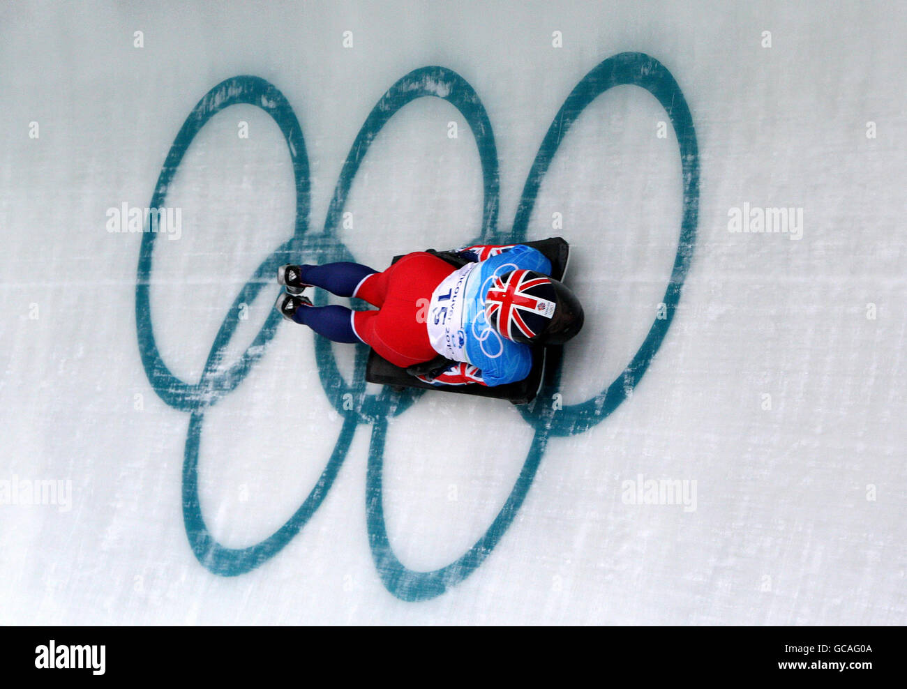 Jeux olympiques d'hiver - Jeux olympiques d'hiver de 2010 Vancouver - quatrième jour.Amy Williams en Grande-Bretagne pendant une deuxième course d'entraînement au Whistler Sliding Centre, Whistler, Canada. Banque D'Images