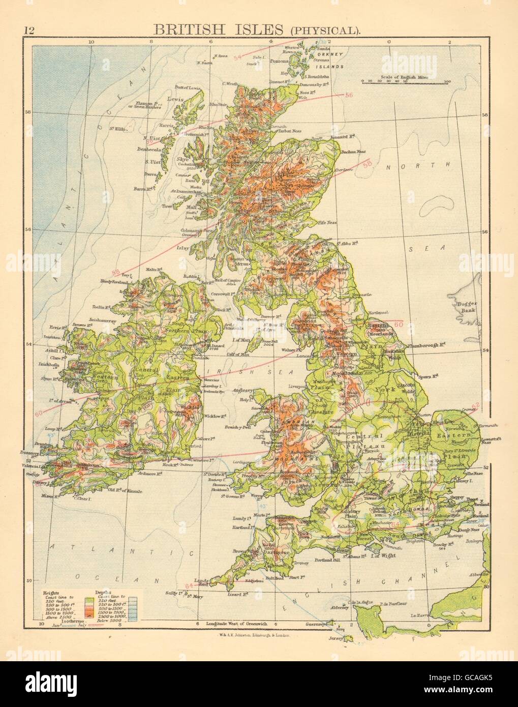 L'allégement des îles britanniques. Les isothermes montrant en janvier et juillet. JOHNSTON, 1897 map Banque D'Images