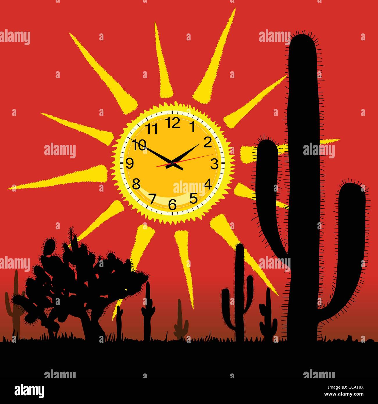 Réveil au soleil et cactus vector illustration Illustration de Vecteur