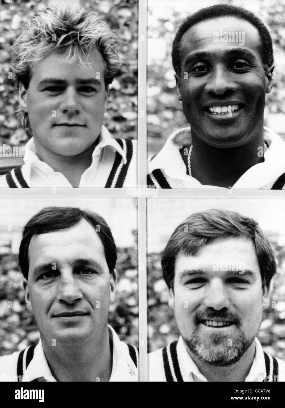 Membres de l'équipe de cricket du comté de Middlesex (En haut à gauche - à droite) Neil MacLaurin et Wayne Daniel (En bas à gauche - à droite) John Embury et Mike Gatting Banque D'Images