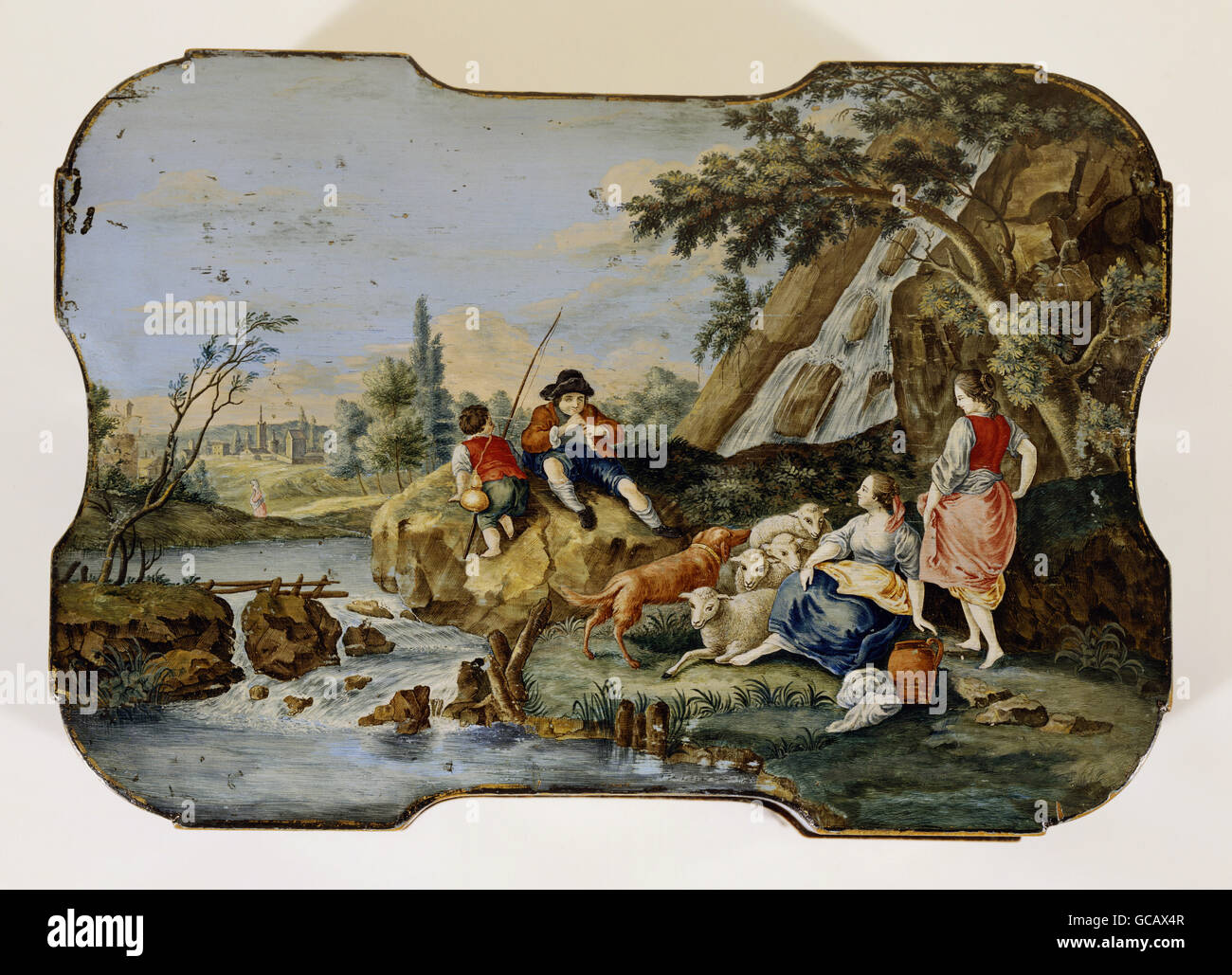 Beaux-arts, peinture, pastorale, des bergers dans une chute, le bois, le couvercle du cercueil, 18e siècle, Banque D'Images