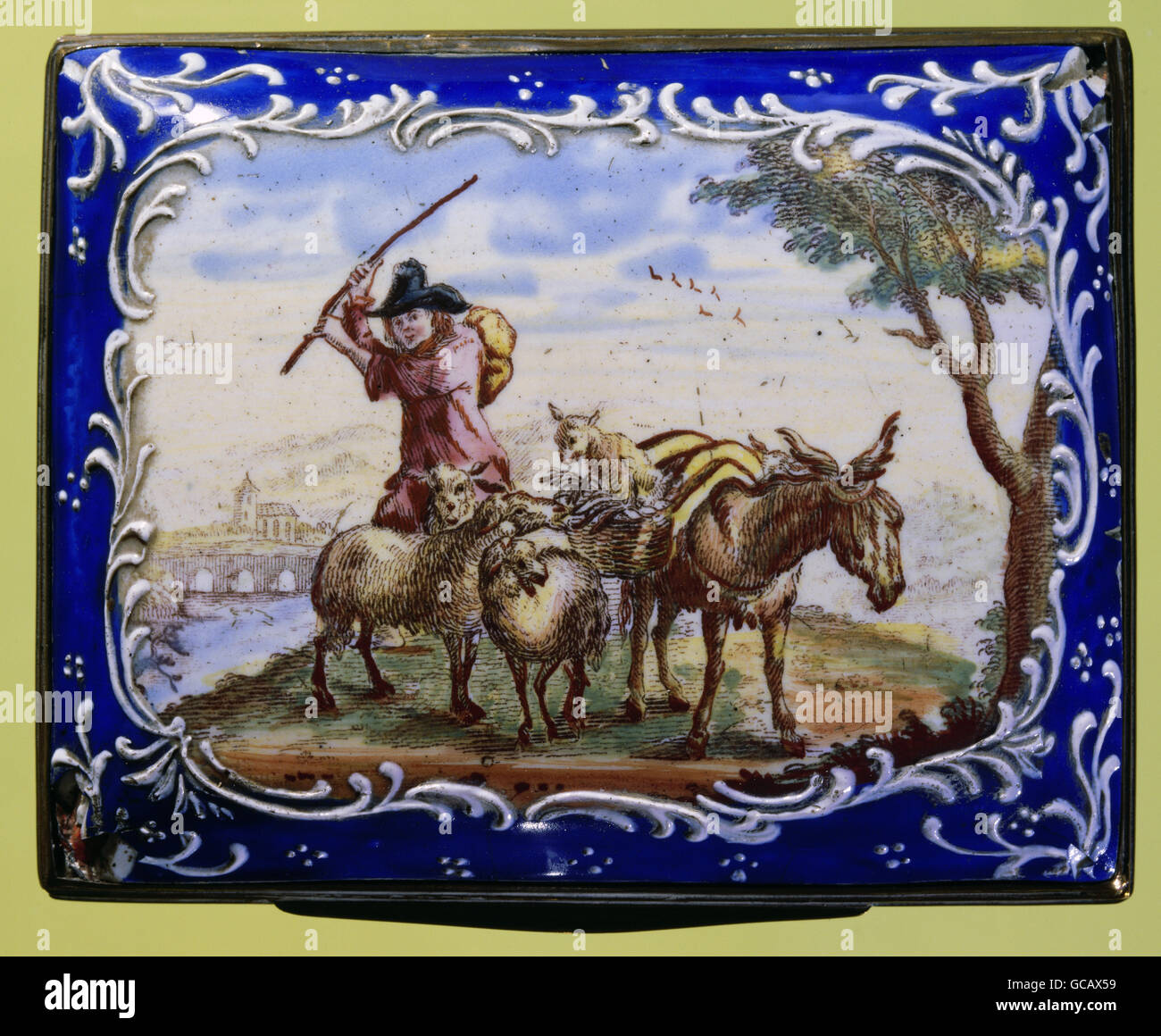 Beaux-arts, peinture, pastorale, berger avec âne, bois, Snuff Box, 18e siècle, Banque D'Images