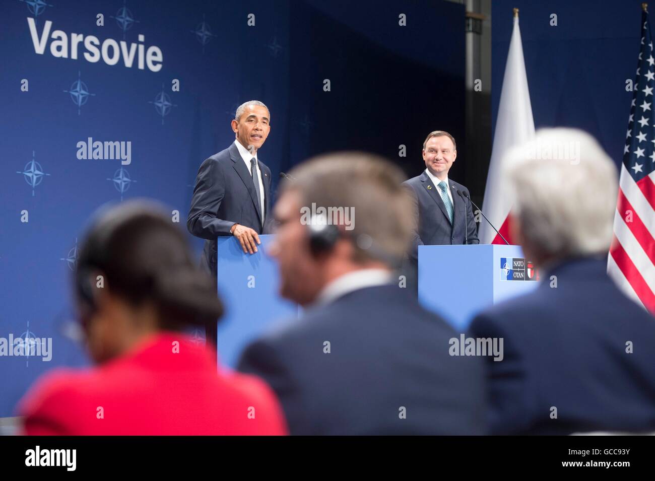 Président américain Barack Obama et le président polonais Andrzej Duda tenir une conférence de presse conjointe à la suite de leur réunion bilatérale en marge du sommet de l'OTAN, le 8 juillet 2016 à Varsovie, Pologne. Banque D'Images