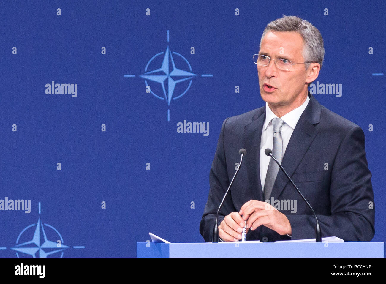 Varsovie, Pologne. 09 juillet, 2016. Secrétaire général de l'OTAN, Jens Stoltenberg au cours de la conférence de presse au sommet de l'OTAN à Varsovie, Pologne, le 9 juillet 2016. Credit : MW/Alamy Live News Banque D'Images