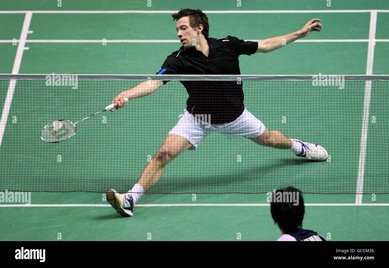 Badminton - Yonex All England Open Championships 2010 - Day One - National Indoor Arena.Carl Baxter de Grande-Bretagne pendant sa défaite à Kazushi Yamada du Japon Banque D'Images