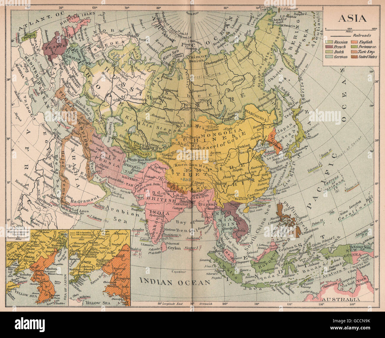L'ASIE coloniale. East Indies &c. Guerre russo-japonais en médaillon 1904/05, 1910 map Banque D'Images