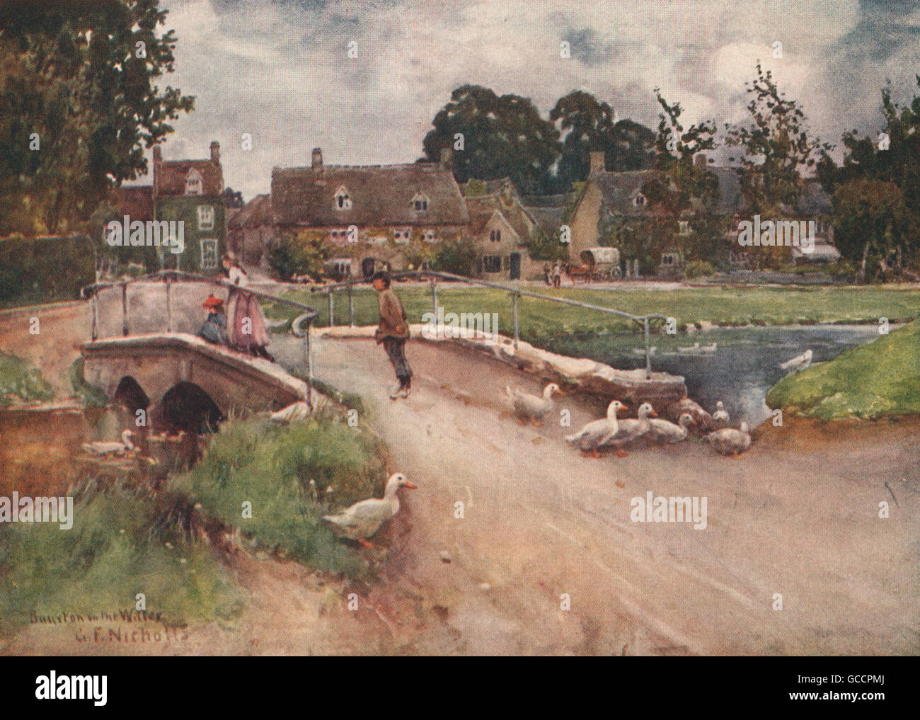 BOURTON-ON-THE-L'EAU. Vue sur le village. Cotswolds Gloucestershire. GF Nicholls, 1908 Banque D'Images
