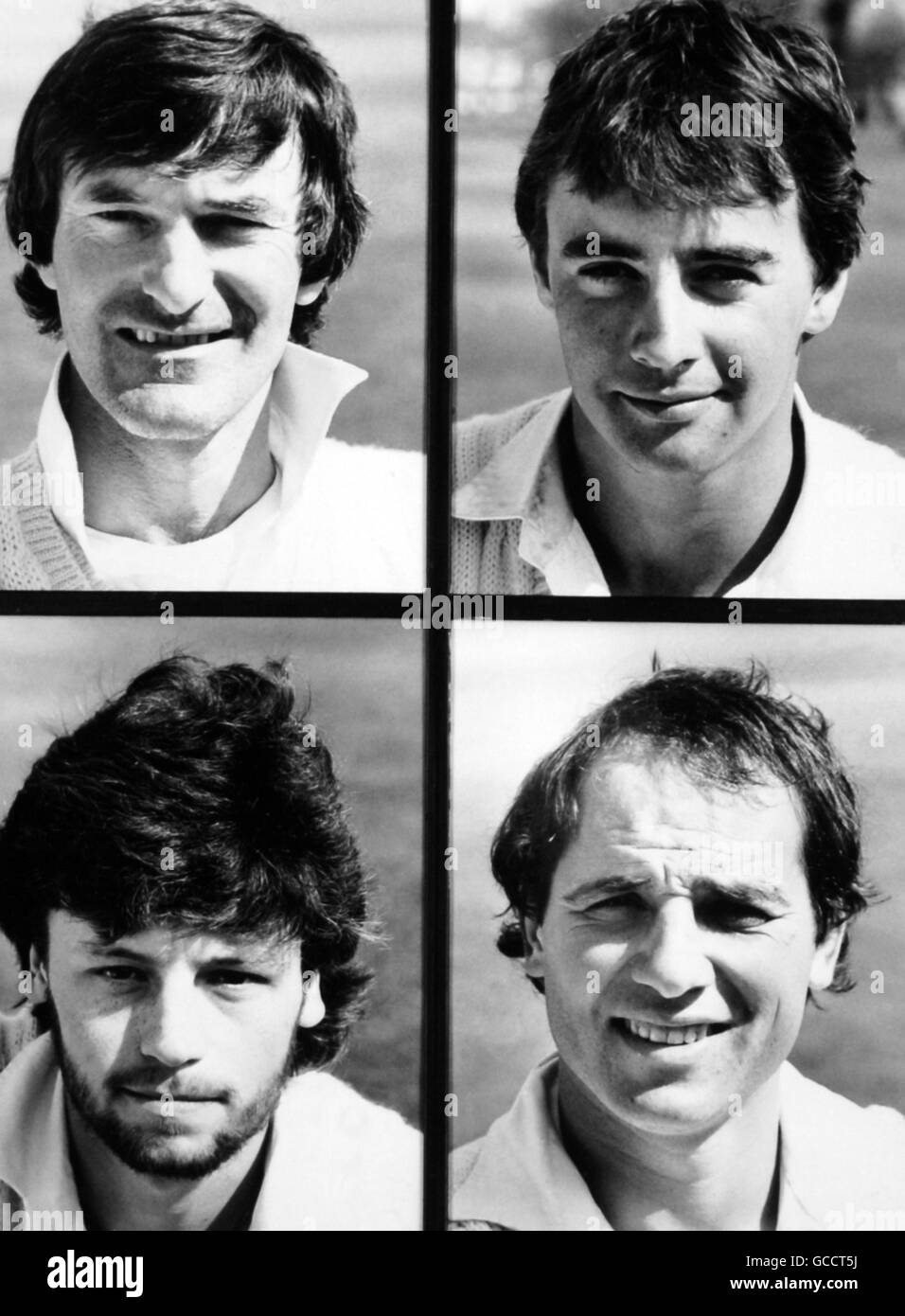 Cricket - Kent County Cricket Club - 1985 - Portraits.Membres de l'équipe de cricket du comté de Kent (en haut à gauche à droite) Alan knott et Graham Cowdrey (en bas à gauche à droite) Steven Marsh et Mark Benson Banque D'Images