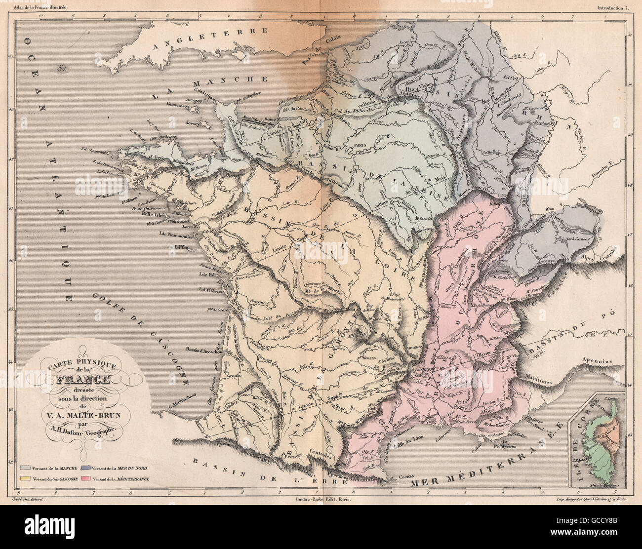 Les bassins hydrographiques bassins versant FRANCE.Vignes maïs olives  limits.MALTE-BRUN, 1852 map Photo Stock - Alamy