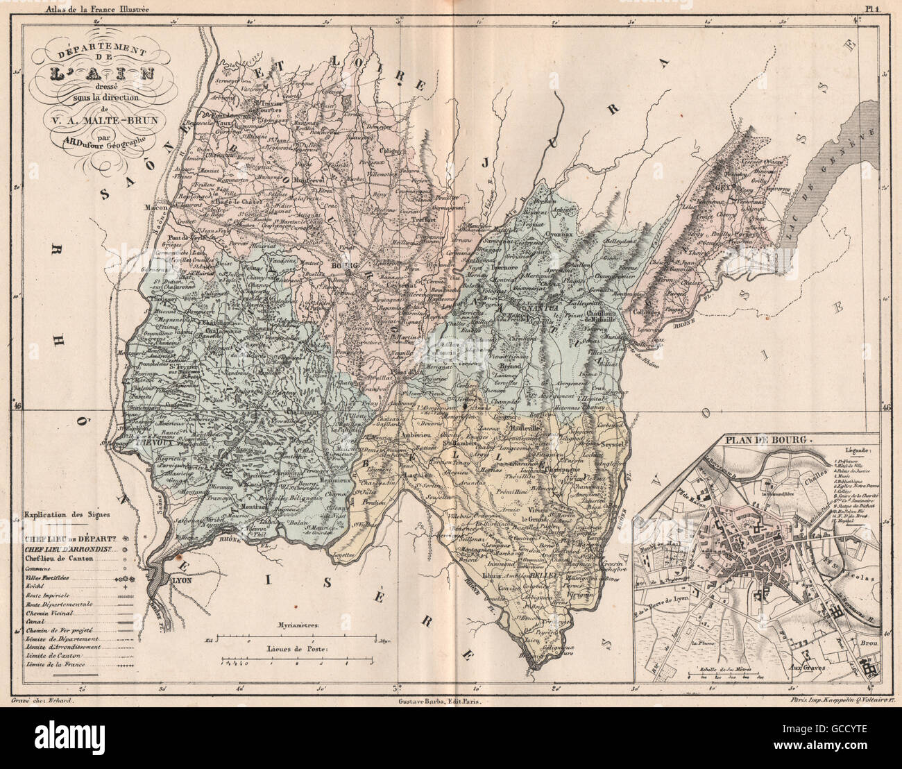 AIN. Carte du département. Plan de Bourg. MALTE-BRUN, 1852 carte antique Banque D'Images