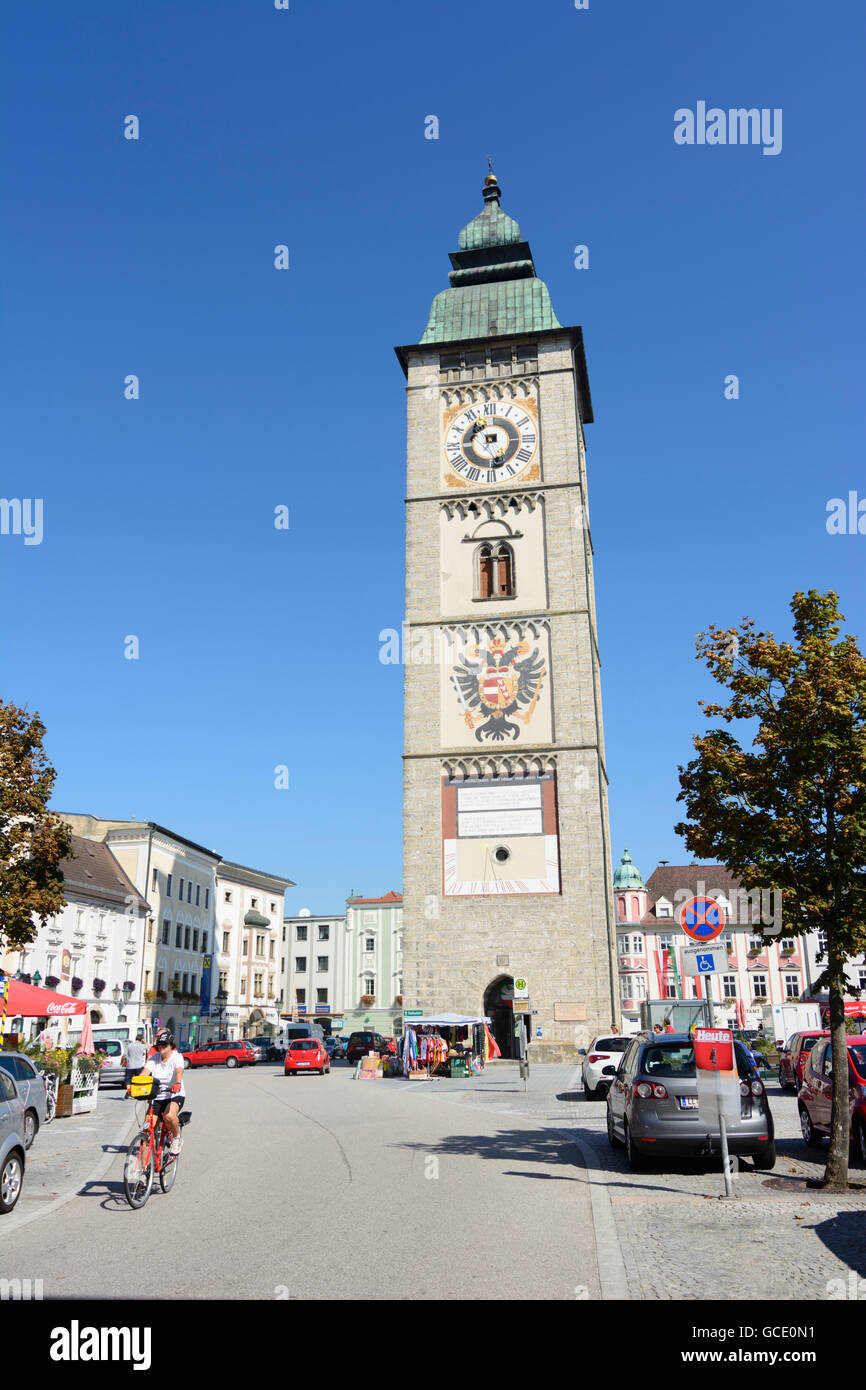 Hauptplatz Enns (place principale), Stadtturm (beffroi) Autriche Oberösterreich, Autriche Banque D'Images