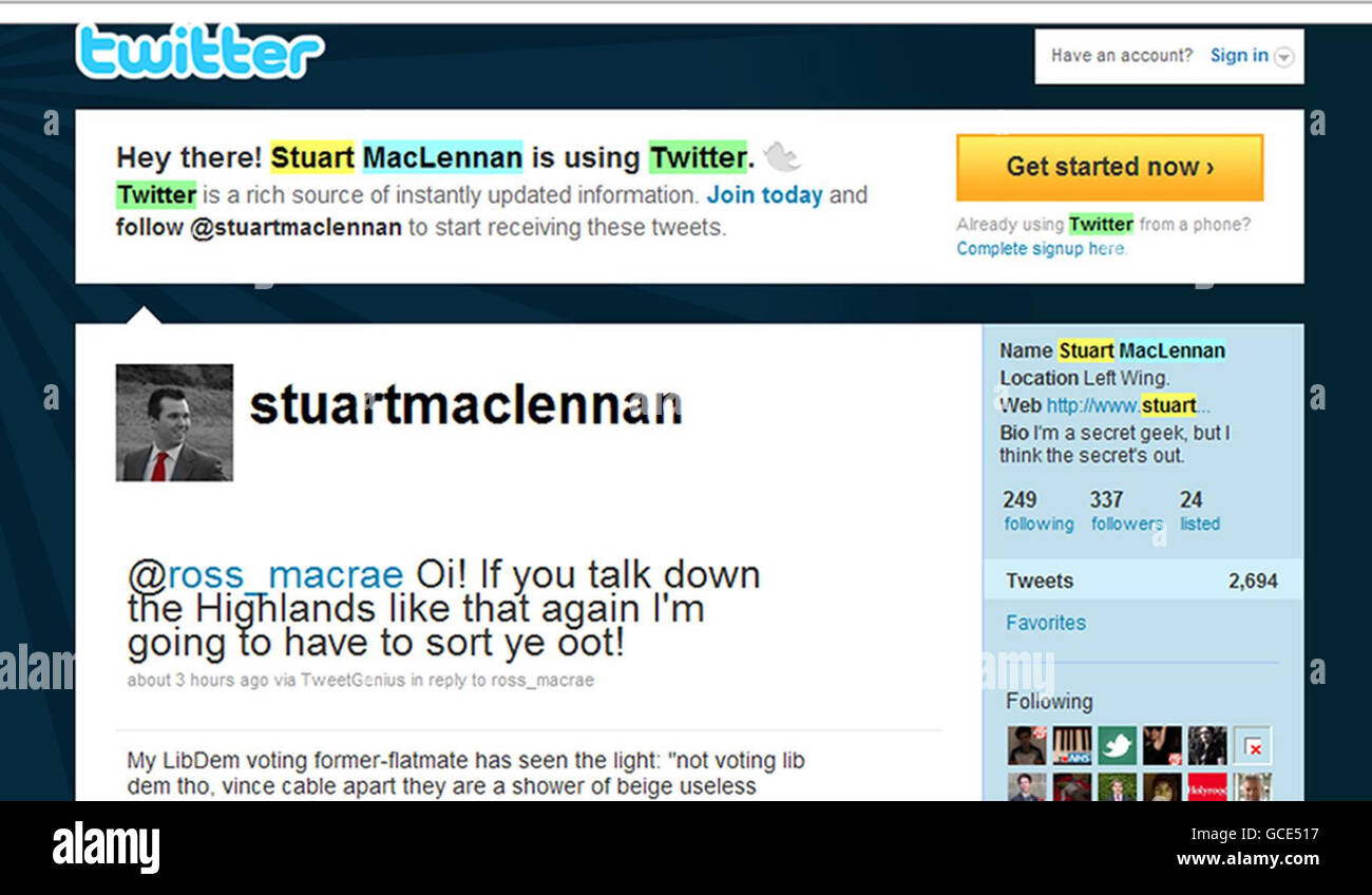 Screengrab de la page Twitter de Stuart MacLennon. Aujourd'hui, le Labour a subi la première victime de la campagne électorale générale alors qu'un candidat a été mis à la porte sur des messages offensants qu'il a publiés sur Twitter. Banque D'Images