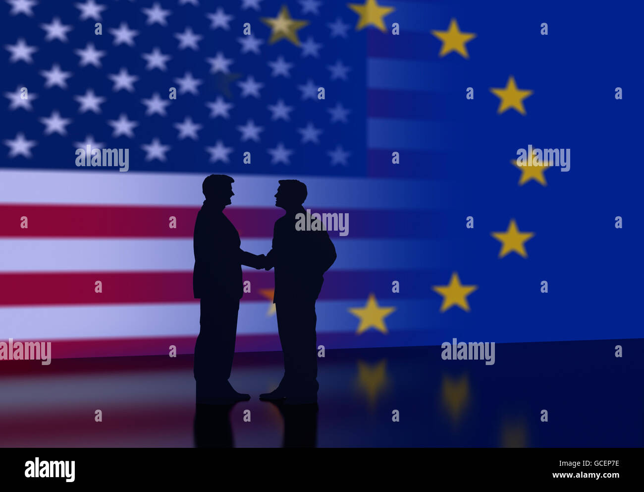 Deux businessmen shaking hands in front of USA drapeau et drapeau de l'UE, Computer Graphic Banque D'Images