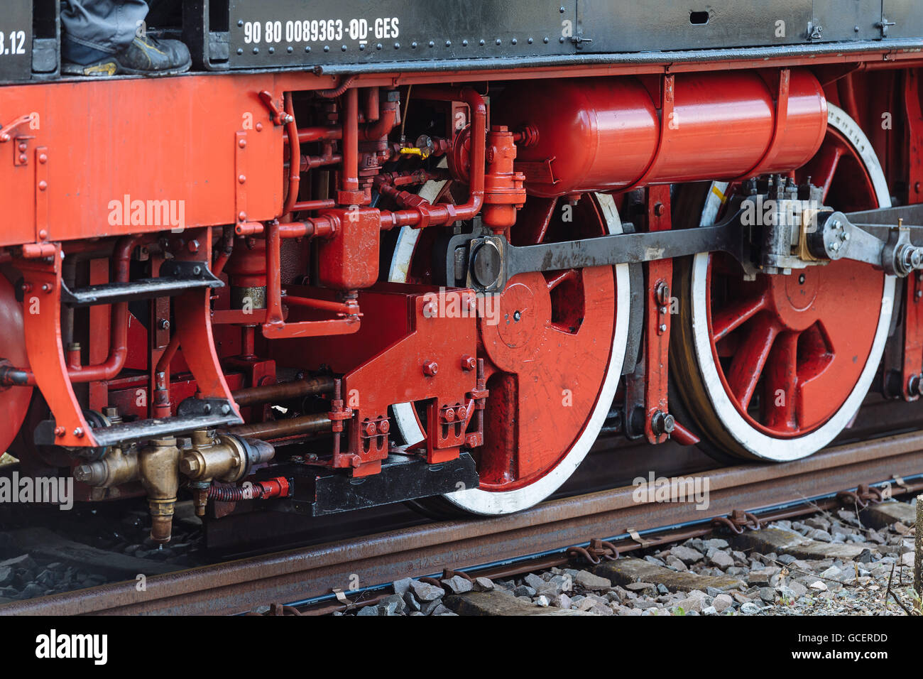 Des roues sur des rails de chemin de fer, détail, machine à vapeur historique Feuriger Elias, Korntal-Münchingen, Bade-Wurtemberg Banque D'Images