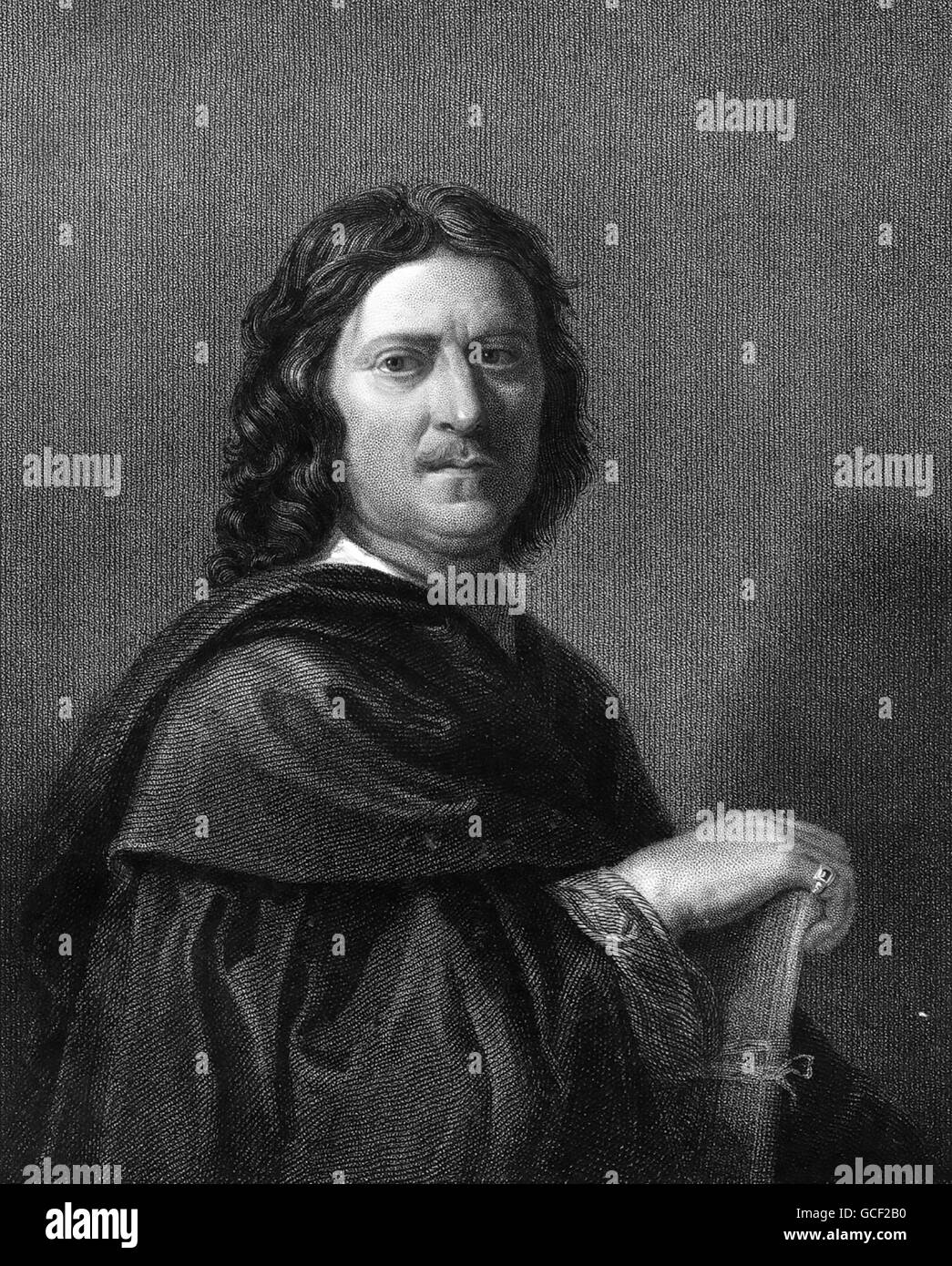 NICOLAS POUSSIN (1594-1665) peintre français de style baroque. Gravure tirée de son autoportrait de 1650. Banque D'Images